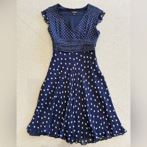 Adrianna Papell Silk Navy and White Polka Dot V-Neck Dress